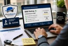 A consumer checking the MotoAssure BBB rating, A- grade, and auto warranty customer complaints on a laptop.