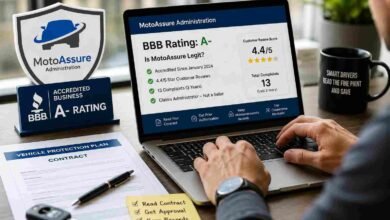 A consumer checking the MotoAssure BBB rating, A- grade, and auto warranty customer complaints on a laptop.