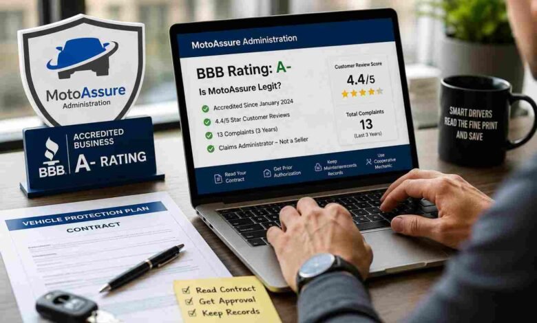 A consumer checking the MotoAssure BBB rating, A- grade, and auto warranty customer complaints on a laptop.
